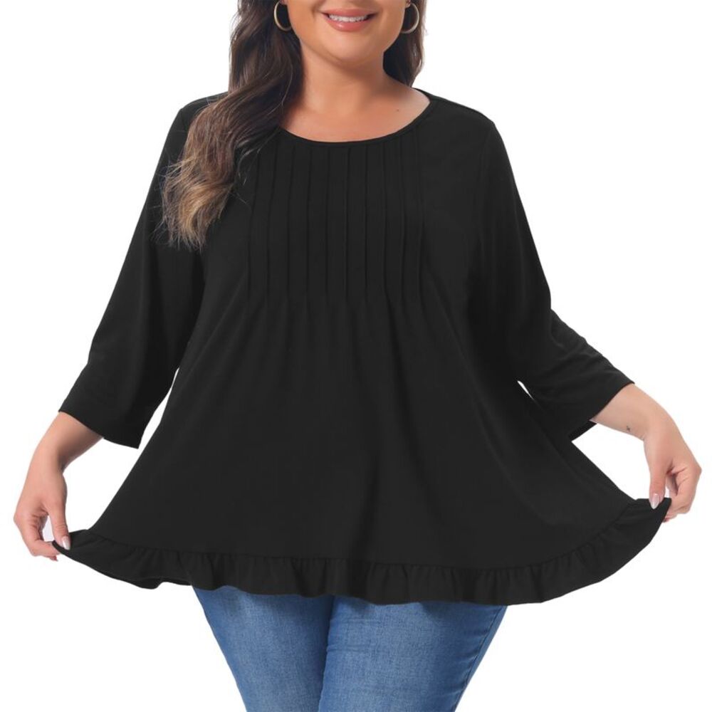 Women Plus Size Pleated Crew Neck 3/4 Sleeve Ruffled Hem Tops Black